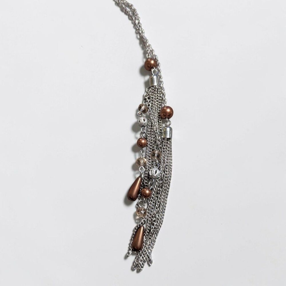 Silver Tone Tassel Necklace & Earrings Set, Copper Tone Beads, Boho Jewelry - Picture 5 of 9